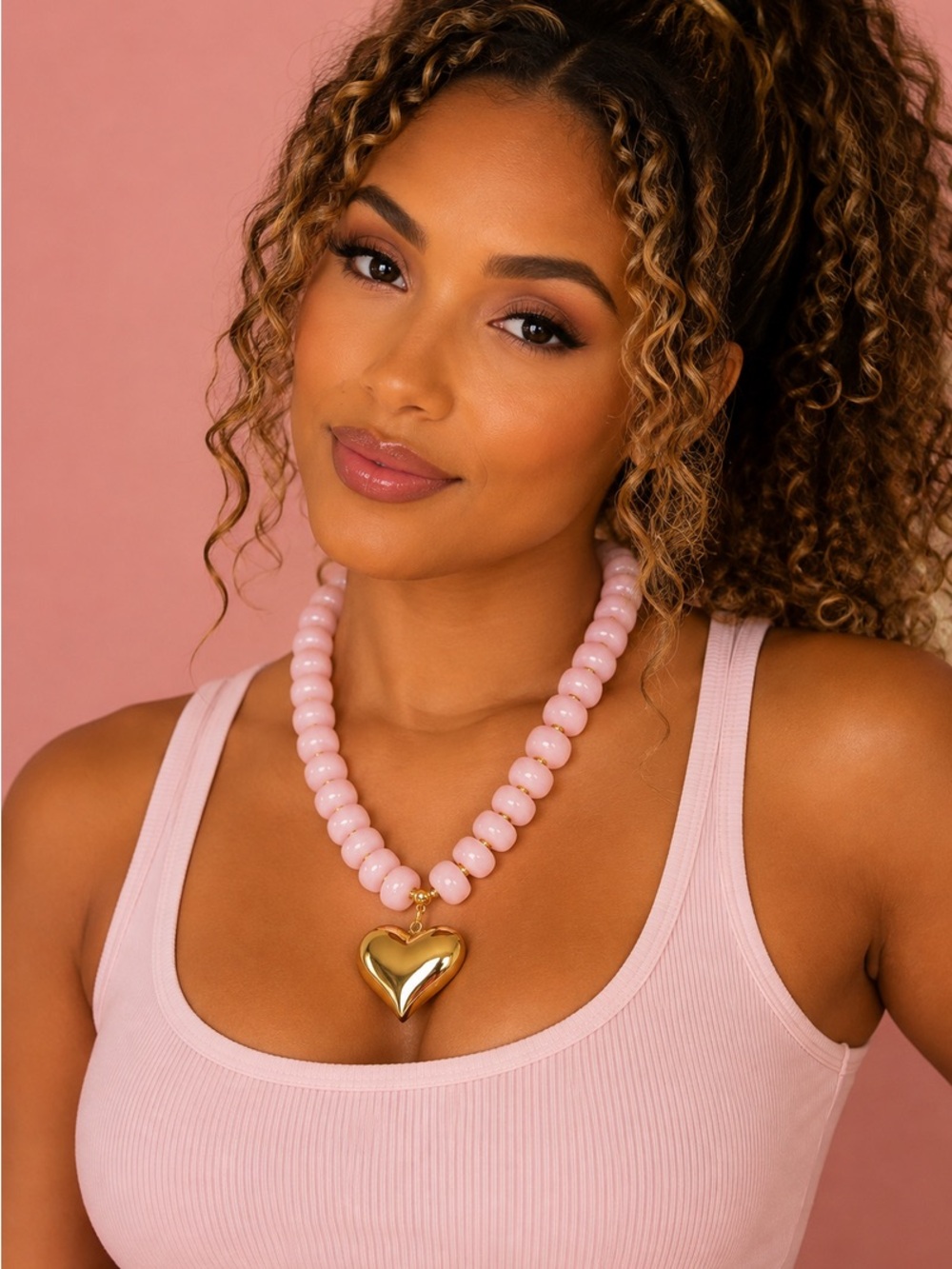 Pink Beaded Necklace with Gold Heart Pendant